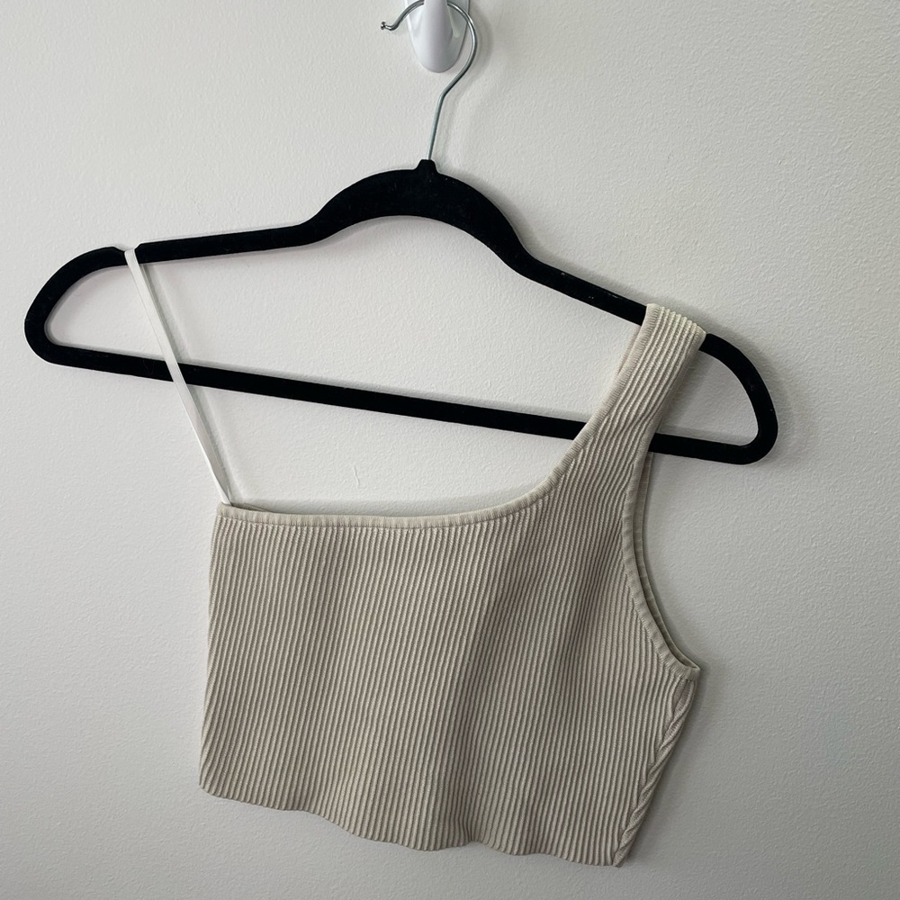 Aritzia Babaton Beige Ribbed Sculpt Knit One-shoulder Cropped Tank Neutral